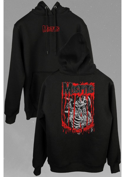 The Misfits Punk Rock Death Comes Ripping Ön ve Arka Baskılı Sweatshirt Unisex Kapüşonlu Hoodie modelleri