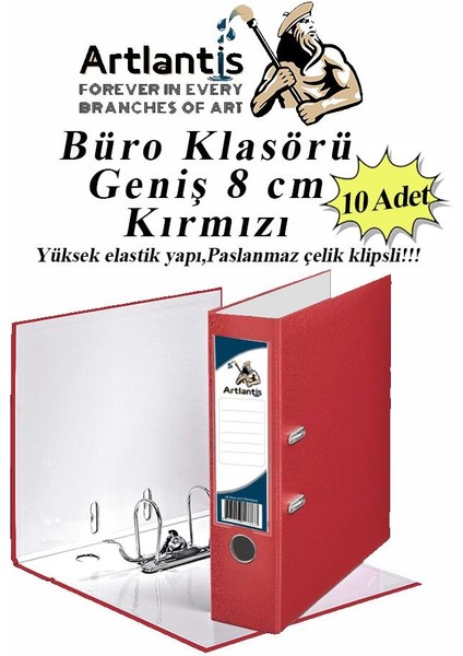 Büro Klasörü Kırmızı Geniş 10 Adet Plastik Geniş Kırmızı Klasör Halkalı Paslanmaz Çelik Klipsli 10 Adet