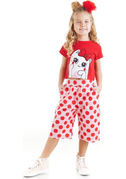Ponçik Kedi Kız Çocuk T-shirt Kapri Şort Takım