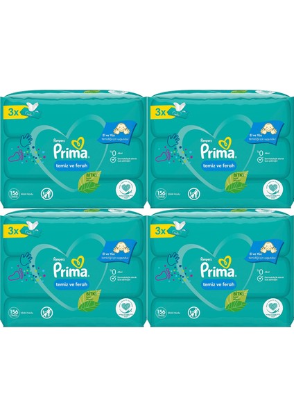 Islak Havlu Mendil Temiz ve Ferah Bebek Kokulu (12'li Set) (4 Paket x 3) 624 Yaprak