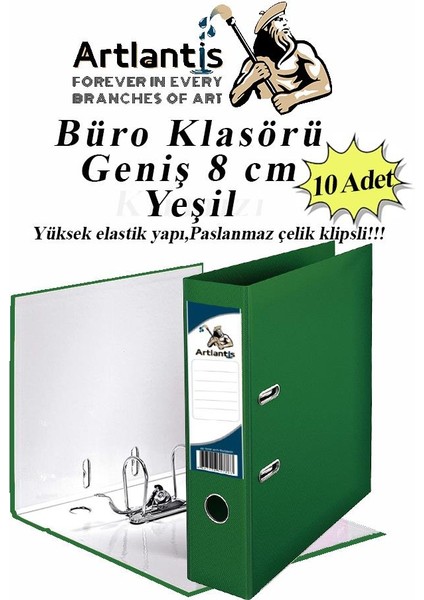 Büro Klasörü Yeşil Geniş 10 Adet Plastik Geniş Yeşil Klasör Halkalı Paslanmaz Çelik Klipsli 10 Adet