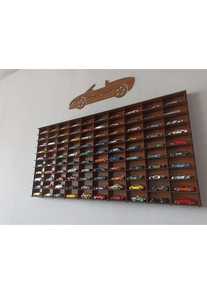 Cr Design Ahşap Araba Rafı 100'LÜ Dekoratif Ceviz Renk 1/64 ( Hotwheels ve Matchbox Arabalar Için Uygundur)