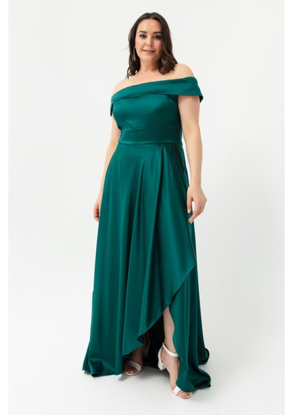 Kadın Zümrüt Yeşili Kayık Yaka Büyük Beden Saten Abiye & Mezuniyet Elbisesi fiyatları