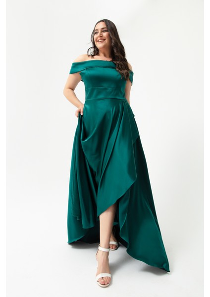 Kadın Zümrüt Yeşili Kayık Yaka Büyük Beden Saten Abiye & Mezuniyet Elbisesi fırsatları
