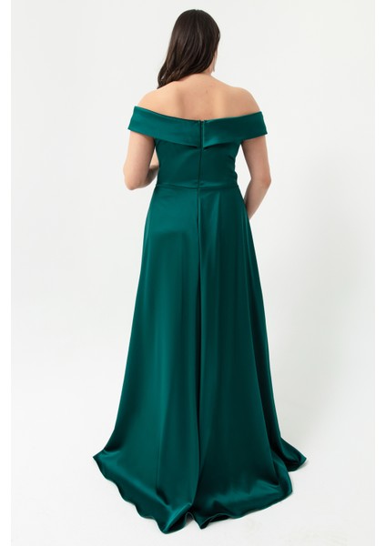 Kadın Zümrüt Yeşili Kayık Yaka Büyük Beden Saten Abiye & Mezuniyet Elbisesi indirimleri