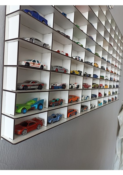 Cr Design Ahşap Dekoratif Duvar Araba Rafı 100'LÜ Yatay Beyaz Renk (Hotwheels ve Matcbox Arabalarına Uygundur)