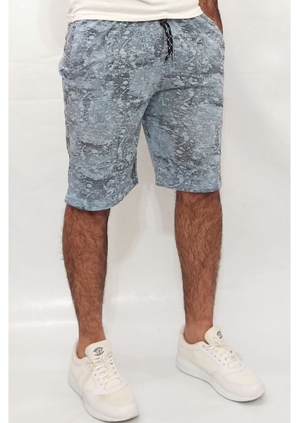 Erkek Mavi Mozaik Iki Iplik %85 Pamuk %15 Polyester Rahat Kalıp Günlük Baskılı Bermuda Şort