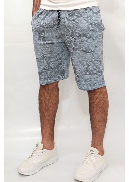 Erkek Mavi Mozaik Iki Iplik %85 Pamuk %15 Polyester Rahat Kalıp Günlük Baskılı Bermuda Şort