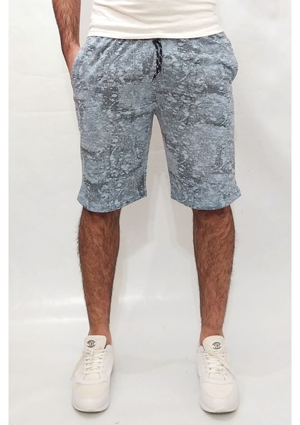 Erkek Mavi Mozaik Iki Iplik %85 Pamuk %15 Polyester Rahat Kalıp Günlük Baskılı Bermuda Şort