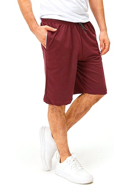 Erkek Bordo Iki Iplik %85 Pamuk %15 Polyester Rahat Kalıp Günlük Bermuda Şort