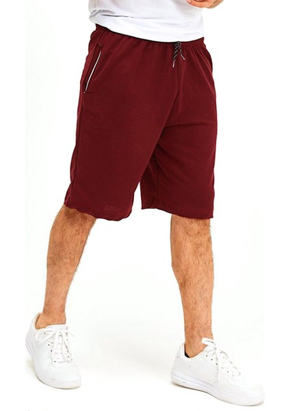 Erkek Bordo Iki Iplik %85 Pamuk %15 Polyester Rahat Kalıp Günlük Bermuda Şort