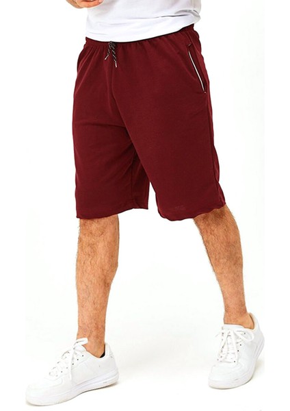 Erkek Bordo Iki Iplik %85 Pamuk %15 Polyester Rahat Kalıp Günlük Bermuda Şort