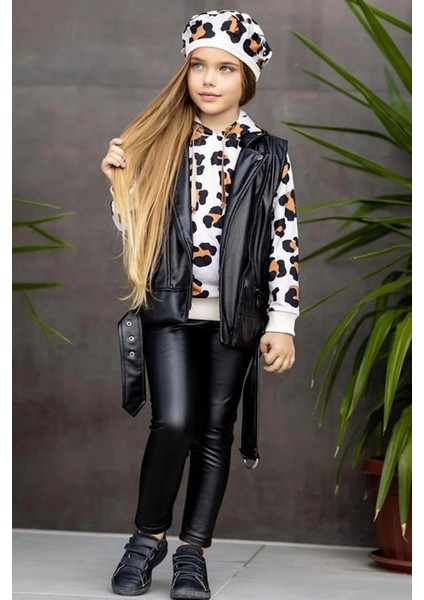 Leopar Desen Kapüşonlu Sweat, Deri Yelek, Tayt ve Bereli Dört Parça Kız Çocuk Tarz Takım10