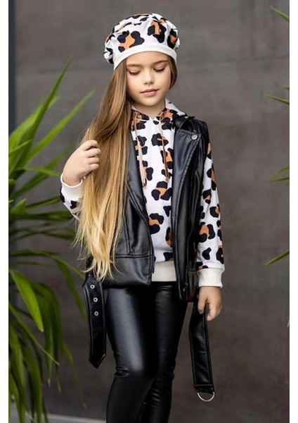 Leopar Desen Kapüşonlu Sweat, Deri Yelek, Tayt ve Bereli Dört Parça Kız Çocuk Tarz Takım10 modelleri