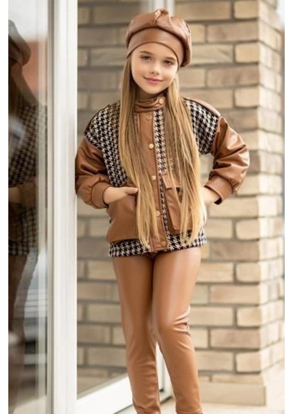 Kazayağı Desen Derili Ceket Deri Taytlı Dört Parça Kız Çocuk Tarz Takım10
