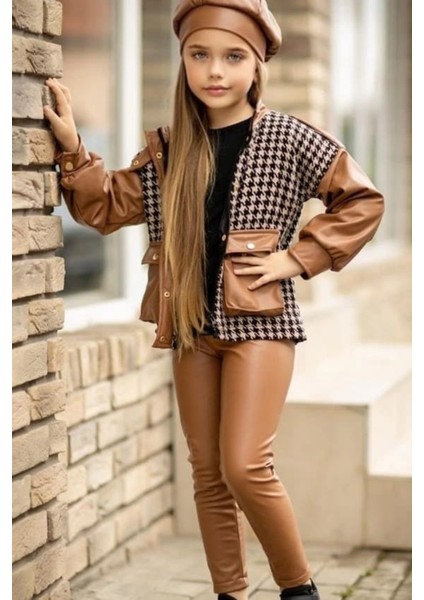 Kazayağı Desen Derili Ceket Deri Taytlı Dört Parça Kız Çocuk Tarz Takım10 fiyatları