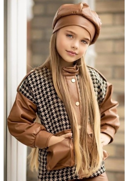 Kazayağı Desen Derili Ceket Deri Taytlı Dört Parça Kız Çocuk Tarz Takım10 modelleri