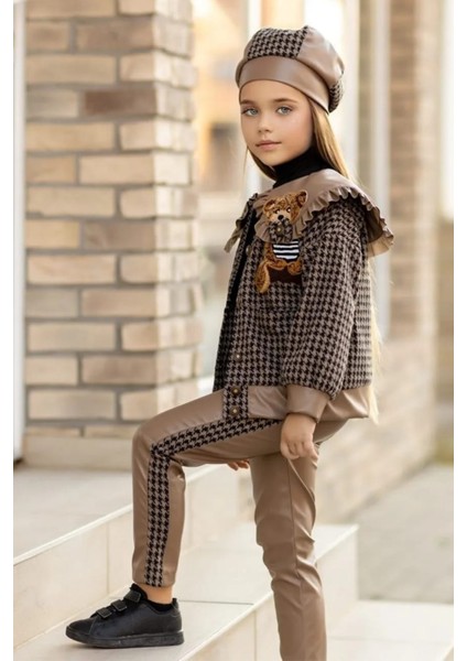 Ayıcıklı Bebe Yaka Kazayağı Deseni Ceketli Deri Taytlı Kız Çocuk Tarz Takım10