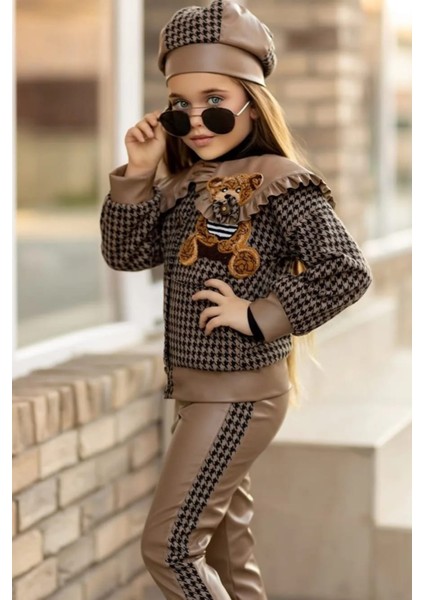 Ayıcıklı Bebe Yaka Kazayağı Deseni Ceketli Deri Taytlı Kız Çocuk Tarz Takım10 fiyatları