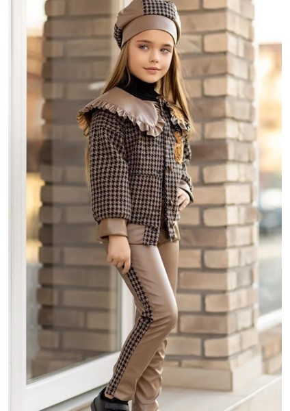 Ayıcıklı Bebe Yaka Kazayağı Deseni Ceketli Deri Taytlı Kız Çocuk Tarz Takım10 modelleri