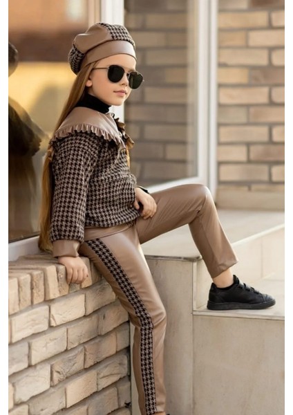 Ayıcıklı Bebe Yaka Kazayağı Deseni Ceketli Deri Taytlı Kız Çocuk Tarz Takım10 fırsatları