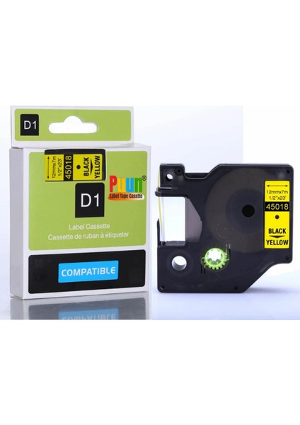 Dymo D1 45018 S0720580 12MM x 7 Mt. Muadil Sarı Etikete Siyah Yazı Şerit Etiket Kaseti