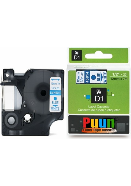 Dymo D1 45014 S0720540 12MM x 7 Mt. Muadil Beyaz Etikete Mavi Yazı Şerit Etiket Kaseti Labelpoınt 100, 150, 200, 250, 300, 350