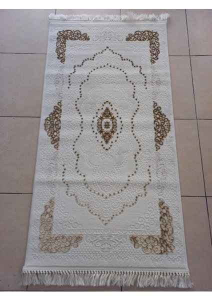 Akrilik Iplik Saçaklı Dikdörtgen Tarzda 3 Lü Set Beyaz Varak Yatak Odası Halısı - 1126