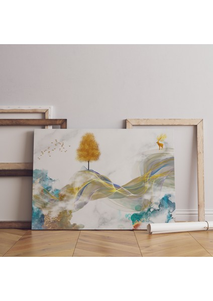 Modern Art Altın Ağaç ve Dağlar Dekoratif Yatay Kanvas Tablo fiyatları