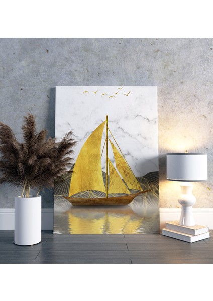 Altın Yelkenli Soyut Tekne Dekoratif Dikey Kanvas Tablo modelleri