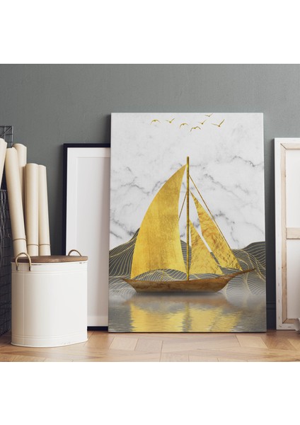 Altın Yelkenli Soyut Tekne Dekoratif Dikey Kanvas Tablo fırsatları