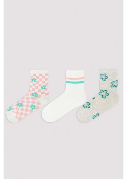 Kız Çocuk Çiçekli Kareli 3Lü Soket Çorap