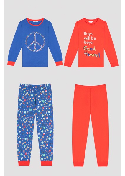 Çok Renkli Erkek Çocuk Desenli 2li Pijama Takımı
