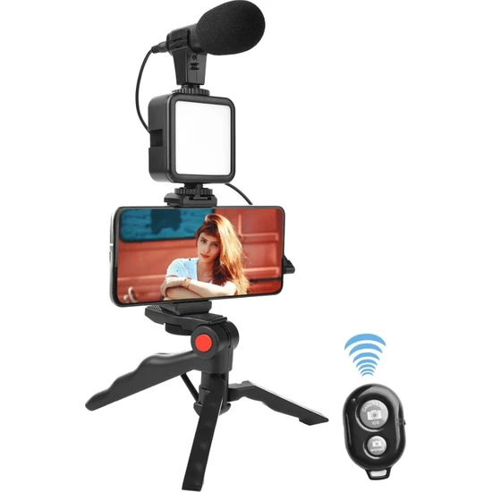 Apera Gn-73 Profesyonel Vlog Selfie Çubuğu ve Tripod 5in1 LED Işık Mikrofon ve Kumandalı