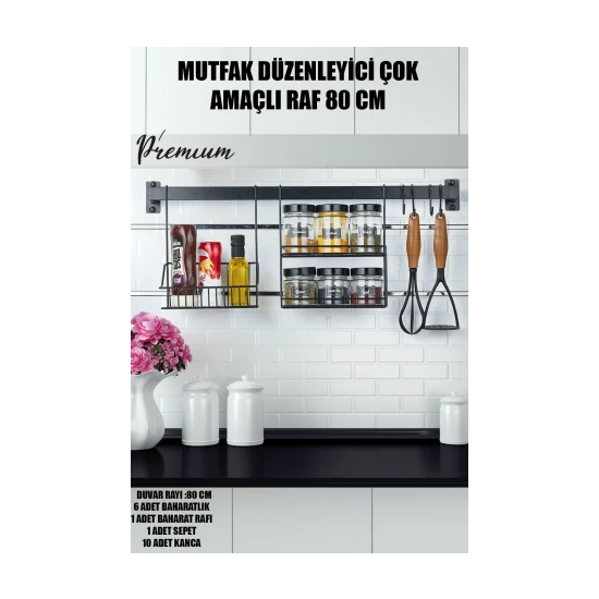 VIP Gross Mutfak Düzenleyici Çok Amaçlı  Raf (6 Baharatlık-1 Stant-1 Retro Sepet-10 Kanca)