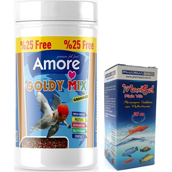 Amore Goldy Mix Granules Japon Balığı Yemi ve Vitamin Seti 125 ml 60 gr