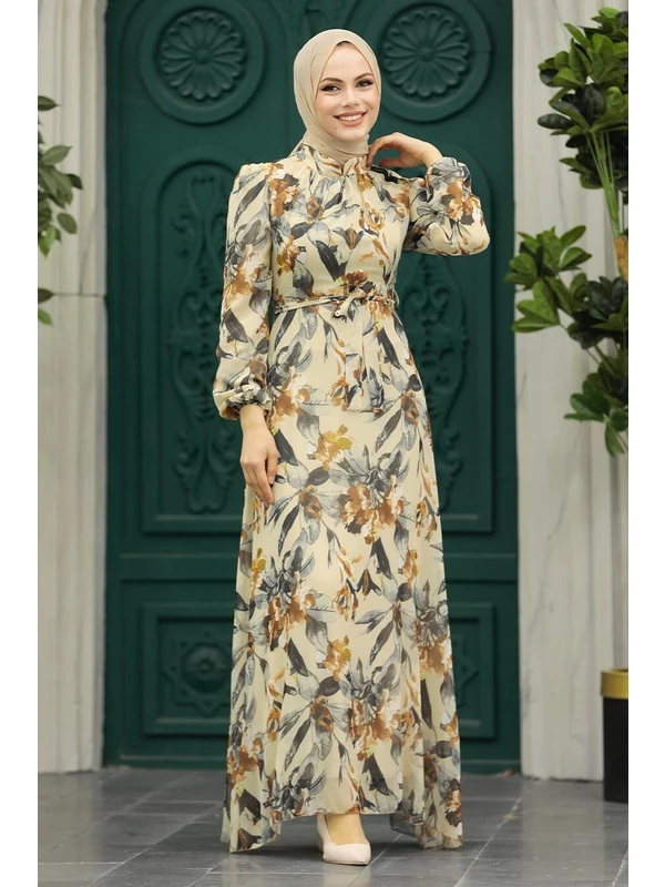 Neva Style - Çiçek Desenli Bej Tesettür Elbise 27941BEJ