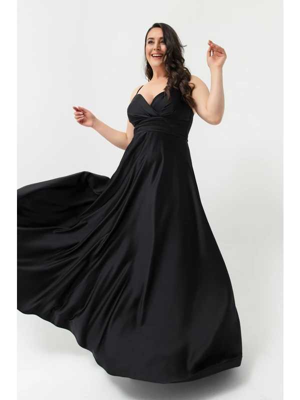 Lafaba Kadın Siyah Ip Askılı Büyük Beden Saten Uzun Abiye & Mezuniyet Elbisesi