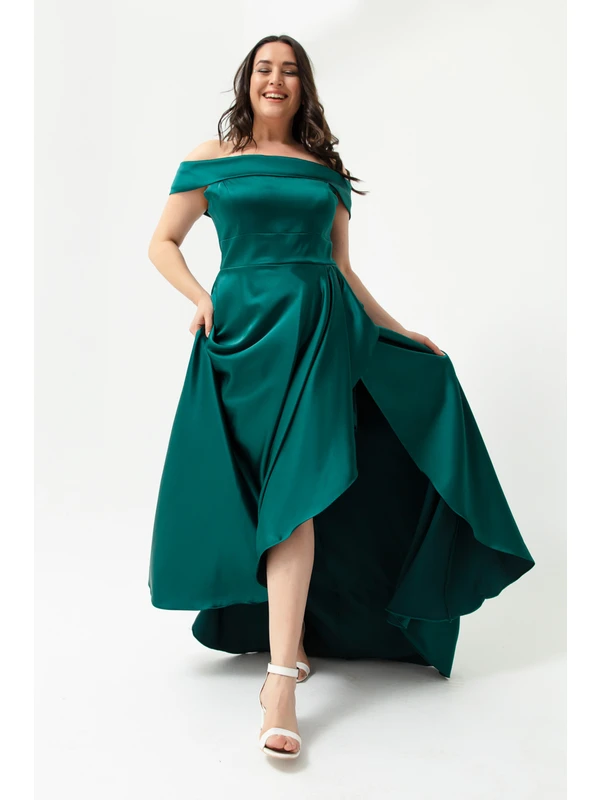 Lafaba Kadın Zümrüt Yeşili Kayık Yaka Büyük Beden Saten Abiye & Mezuniyet Elbisesi