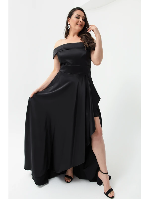 Lafaba Kadın Siyah Kayık Yaka Büyük Beden Saten Abiye & Mezuniyet Elbisesi