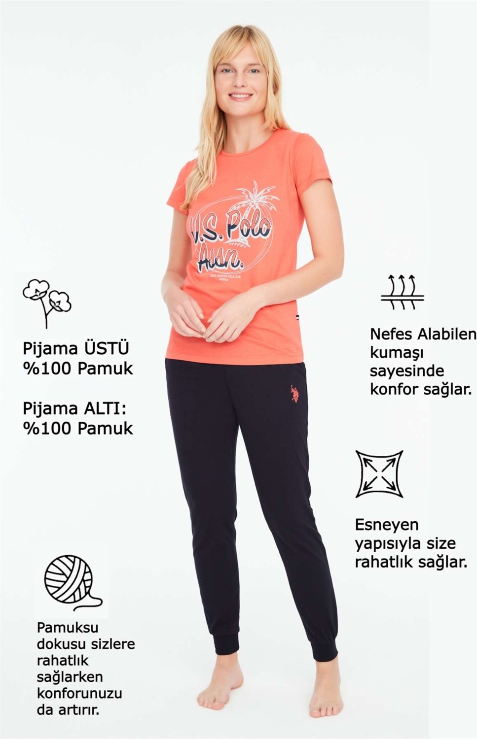 U.S. Polo Assn. Kadın Mercan Yuvarlak Yaka Pijama Takımı 16878 görsel 8