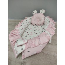 Babynest Sepeti Pembe Ay Yıldız ve Pembe Gökyüzü Orijinal Fırfırlı Babynest, Ortopedik Yastık