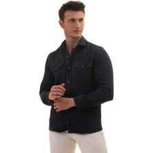 Exve Exclusive Lacivert Süet Çift Cepli Pamuk Western Stil Pamuk Slim Fit Gömlek