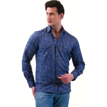 Exve Exclusive Mavi Lacivert Baklava Desenli Yünlü Kışlık Cep Detaylı Western Slim Fit Gömlek