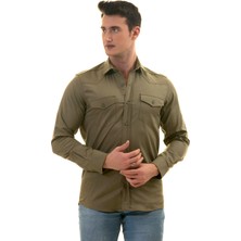 Exve Exclusive Haki Yeşil Çift Cepli Natural Pamuk Western Stil Slim Fit Gömlek