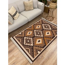 Kilim Home Cotton Serisi Siyah ve Kahve Tonlarında Geometrik Eskitme Desenli Dekoratif Dokuma Taban Kilim