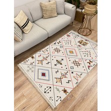 Kilim Home Cotton Serisi Krem Tonlarında Geometrik Desenli Dekoratif Dokuma Taban Kilim