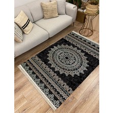Kilim Home Cotton Serisi Siyah Krem Antika Eskitme Desen Dekoratif Dokuma Taban Kilim