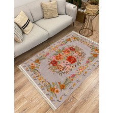 Kilim Home Cotton Serisi Kırmızı Çiçekli Bordürlü Gri Taban  Otantik  Dekoratif Dokuma Taban Kilim