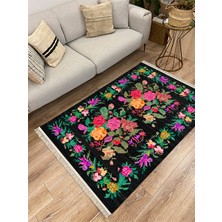 Kilim Home Cotton Serisi Siyah Taban Ütsünde Renkli Çiçek Motifli  Otantik  Dekoratif Dokuma Taban Kilim